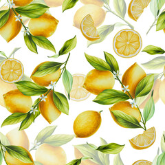 Watercolor seamless pattern with fresh ripe lemon with bright green leaves and flowers. Hand drawn cut citrus slices painting on white background. For designers, postcards, party Invitations, wrapping