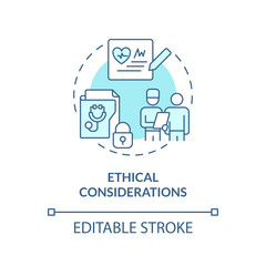 Ethical considerations turquoise concept icon. Patient records privacy protection guarantee. Precision medicine factor abstract idea thin line illustration. Isolated outline drawing. Editable stroke