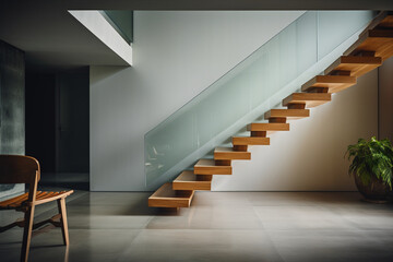 Fototapeta premium Innovative design's structural simplicity and eye-catching aesthetic of minimalist floating staircase showcased in mesmerizing image
