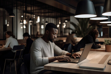 Fototapeta premium A young entrepreneur using a laptop in a modern co-working space. Generative Ai