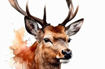 Watercolor illustration of a beautiful majestic deer on white background. Generative AI.