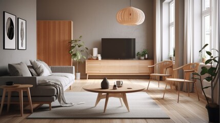 Fototapeta premium Modern scandinavian style living room, with a minimalist theme and neutral color palette. Generative AI