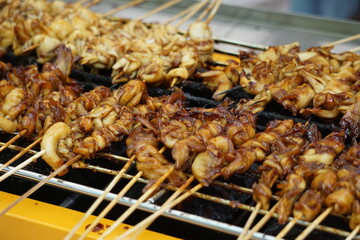 Mushroom satay on grilled process. Sate is one of indonesian famous food