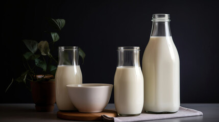 Obraz na płótnie Canvas Vegan plant based milk, dairy free, lactose free milk, substitute drink, healthy cleen eating, generative ai