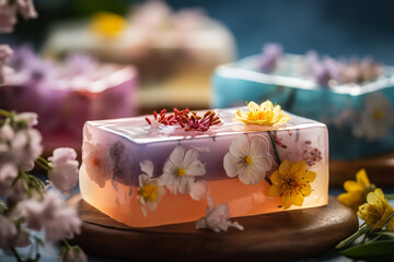 Obraz na płótnie Canvas handmade soap for gift with spring floral background. ai generative