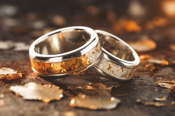 Obraz na płótnie Canvas Wedding rings with silver and gold on bokeh background in the style of glitter and diamond dust. Closeup photo with copy space for text
