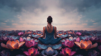 Woman Doing Yoga With Lotus Flowers And Chakra Gradient Colors - Spiritual Contemplation, generative ai - obrazy, fototapety, plakaty