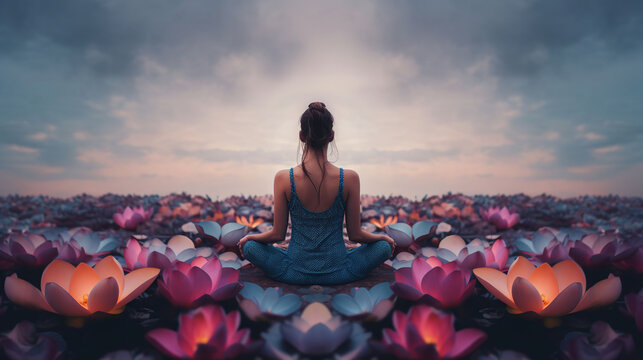 Woman Doing Yoga With Lotus Flowers And Chakra Gradient Colors - Spiritual Contemplation, generative ai