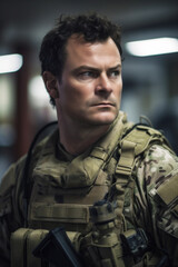 Fototapeta premium A determined 35-year-old soldier, fully geared up in a training facility, displays strength and readiness for the challenges ahead. Generative AI
