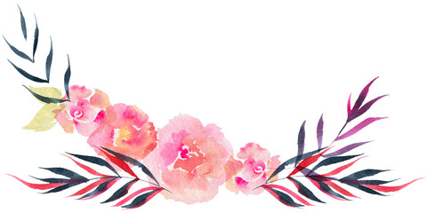 Floral rose garland. Watercolor composition of rose flowers and willow branches