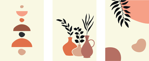  Modern illustrated design for wall art, wallpaper, decoration, print. Abstract posters in boho style. Vector illustration.