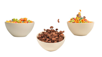 Colorful cereal box for morning breakfast. Corn flakes falling to the white bowl. Motion.