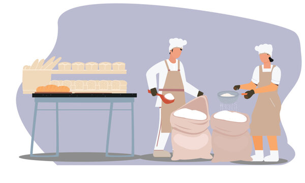 Flour purifying with colander, flour filter, strainer for separating sands, riddle in restaurant kitchen. Bread Baking Industrial Process. Workers Character in Toques, Mixing Flour, Kneading Dough.