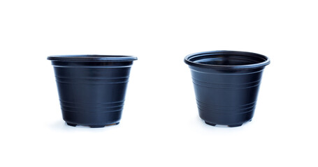 Collection of a black plastic flower pot isolated on white background