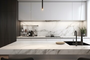 Fototapeta na wymiar 3D rendering of sleek white kitchen counter with sink. Generative AI