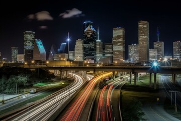 Fototapeta na wymiar Houston's downtown skyline seen over the highways. Generative AI