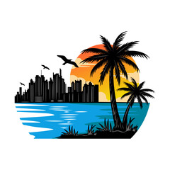 Fototapeta premium sunset logo design. city sunset and palm trees by the beach