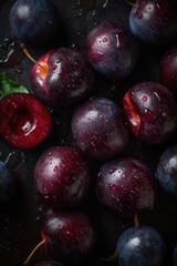 Fototapeta premium water drops on a fresh plums background