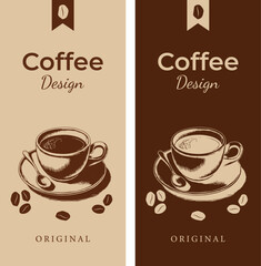 Vector coffee design template. Vintage poster design in coffee tones. Design elements on the theme of coffee.