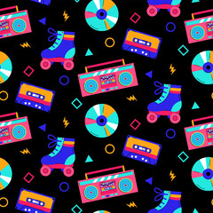Colorful trendy seamless pattern with 80s-90s elements on black background.