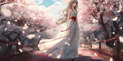 Beautiful anime girl with Focus on her beautiful eyes, full body with beautiful dress, walk among the cherry blossoms, girl in the park, woman in the forest, girl in a dress, Generative AI