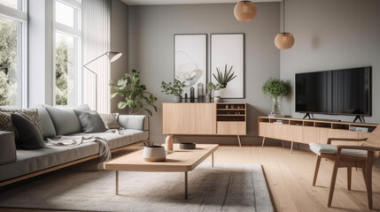 Fototapeta na wymiar Modern scandinavian style living room, with a minimalist theme and neutral color palette. Generative AI