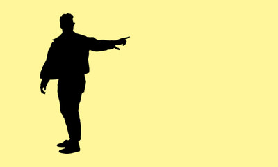 A man silhouette is pointing the empty space, text space or copy area with his hand. Isolated man silhouette on soft yellow background, positioned left. Web vector illustration man silhouette.