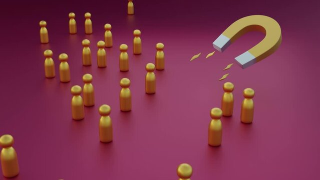 Marketing strategy concept. Attract recruits and clients with attractive advertisements. Magnet and gold figurines of people. video 4k