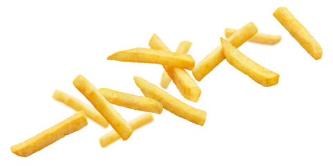 Flying delicious potato fries, cut out