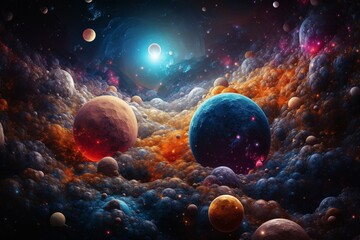 Obraz na płótnie Canvas Colorful intergalactic formation amidst sparkling stars and planets. Generative AI