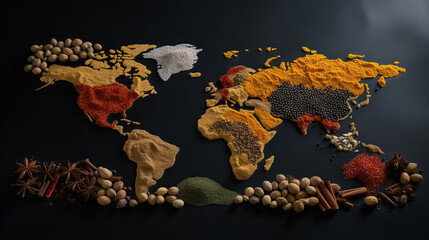 World map made of different spices on grey background, Top View, generative ai