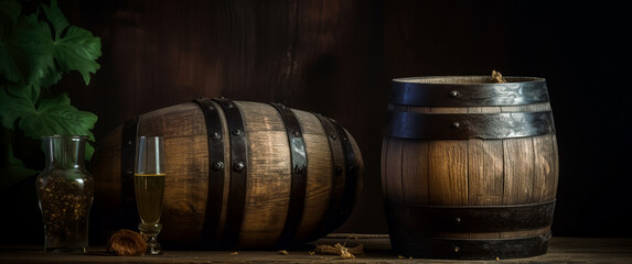 Vintage wooden barrels on the table, wooden background, rustic still lifes. Generative Ai.