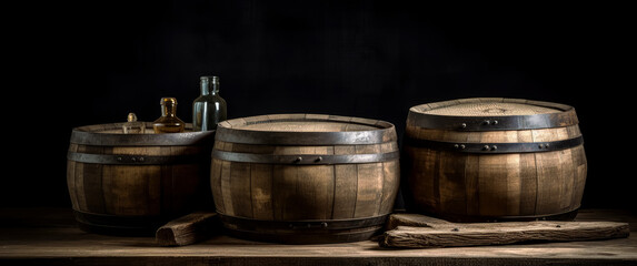 Fototapeta premium Vintage wooden barrels on the table, wooden background, rustic still lifes. Generative Ai.