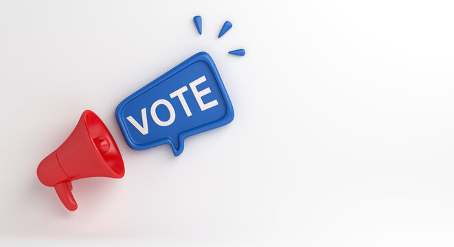 Vote concept with megaphone wide background, election day, copy space, 3d rendering illustration