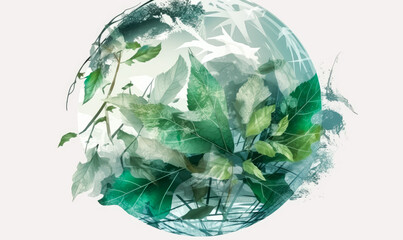 Environment earth sphere green leaf, in the style of double exposure. Generative Ai.