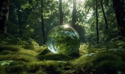 Obraz na płótnie Canvas Environment earth sphere green leaf, in the style of double exposure, glass sphere in the forest grass. Generative Ai.