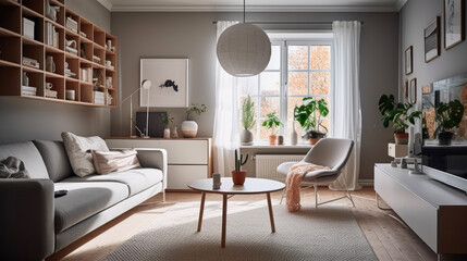 Modern scandinavian style living room, with a minimalist theme and neutral color palette. Generative AI