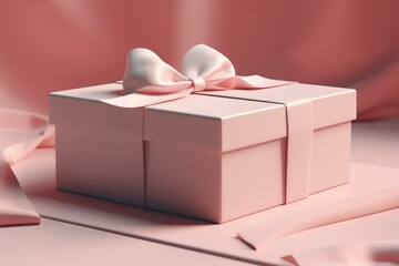 Minimal 3D rendering of a pink gift box with ribbon isolated on pastel background with shadow. Generative AI
