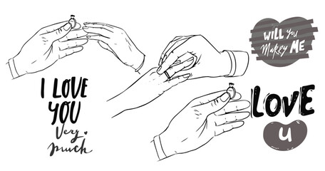 Graceful women's hand with a beautiful ring with a big shining diamond. A marriage proposal and wedding concept