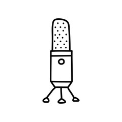 Microphone isolated on white background. Musical item for singing, performances, karaoke. Vector hand-drawn illustration in doodle style. Perfect for cards, decorations, logo.