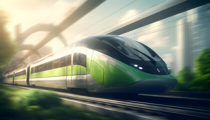 Fototapeta na wymiar High speed train at ride and blurred city buildings on background. Generative AI.
