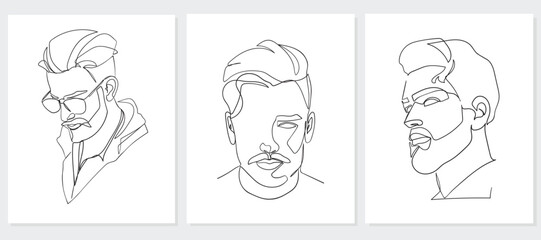 Continuous one line drawing of man portraits. Hairstyle. Fashionable men's style. - Vector illustration.