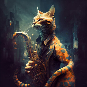 Futuristische Katze h&auml;lt Saxophon in der Hand
