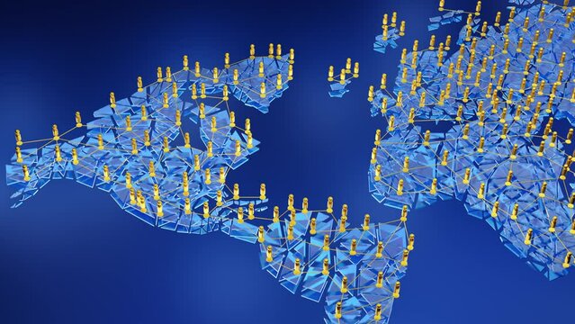 Global world map social networks concept. 4k Video of a blue map of the planet 3d illustration of human figures connected by an inextricable network of e-mail and communications.