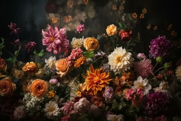 Fototapeta na wymiar Floral backdrop with untamed blooms. Generative AI
