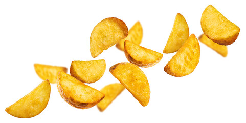 Flying fried potato wedges, cut out