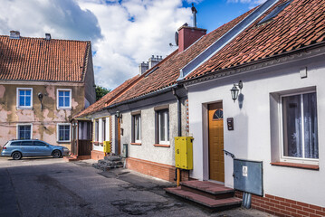 Historical houses from 19th century in Biskupiec town, Warmia region, Poland