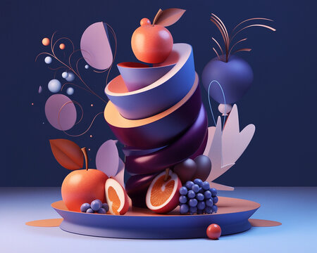 Artistic strange Still life of a pile of fruits sitting on top of a plate, 3D render stylized dynamic folds. Fruit grape and oranges. AI Conceptual illustration vitaminic food. Organic surreal shapes