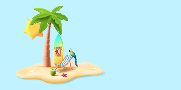 Tropical island 3d composition with palm tree, beach chair and parron with starfish