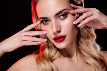 Close up photo of pretty girlfriend prepare date make up finger nails on dark modern beauty studio...